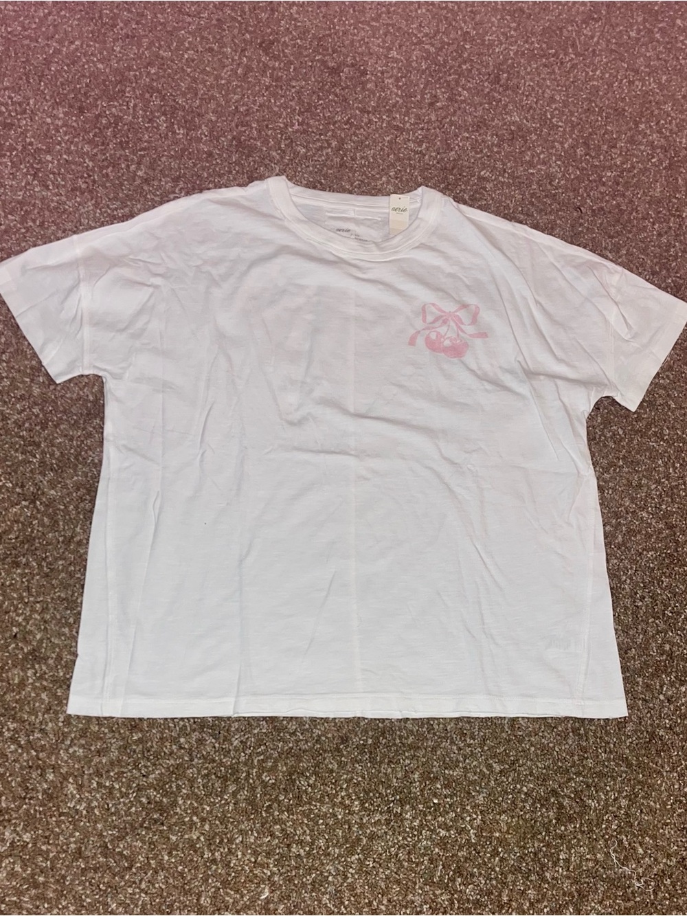 Aerie Oversized White Short Sleeve Crew Tee w/ Pink Cherries S NWT